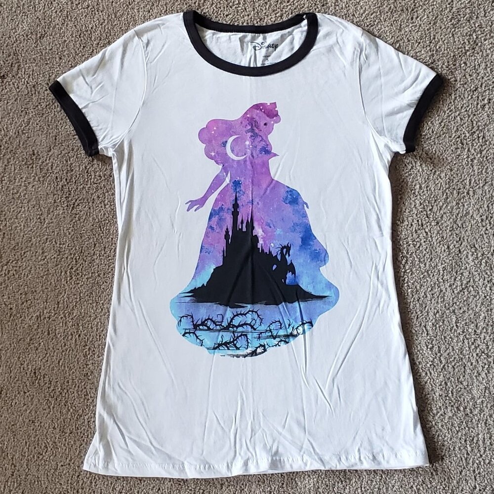 Disney Sleeping Beauty Aurora castle juniors ringer tshirt SMALL princess stars - Picture 1 of 5